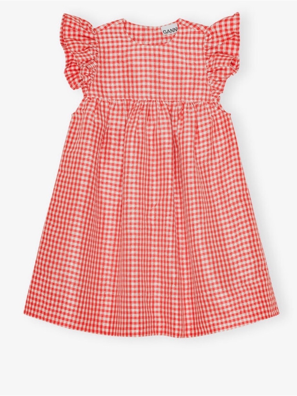 Ganni Red and White Gingham Ruffle-Sleeve Dress Sz 0 NWT